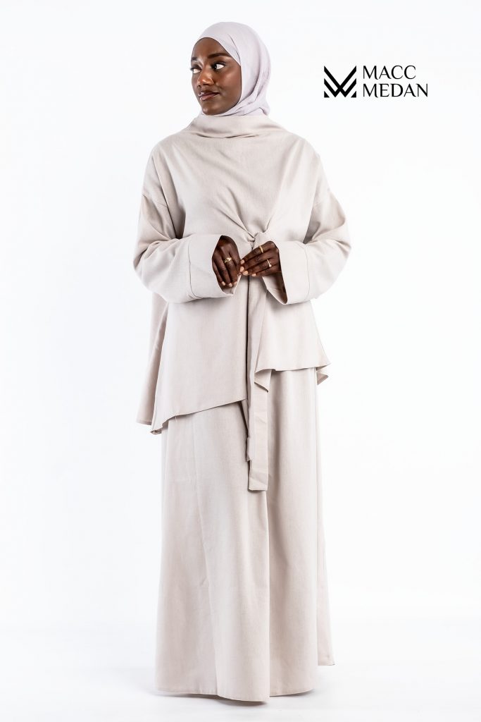MACCMEDAN Zweiteiler Leinenset Milchweiß Hijab Modest Fashion Abaya Kopftuch Islamische Kleidung
