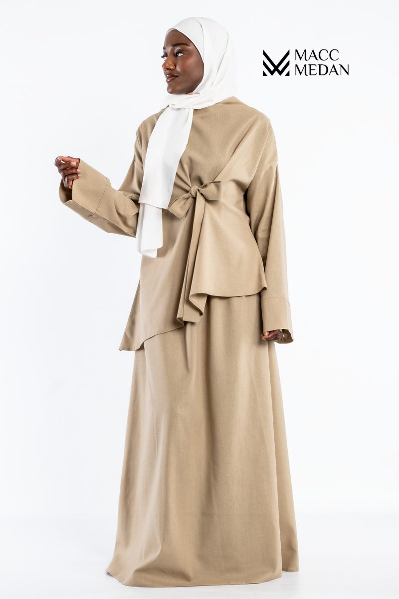 MACCMEDAN Zweiteiler Leinenset Beige Hijab Modest Fashion Abaya Kopftuch Islamische Kleidung